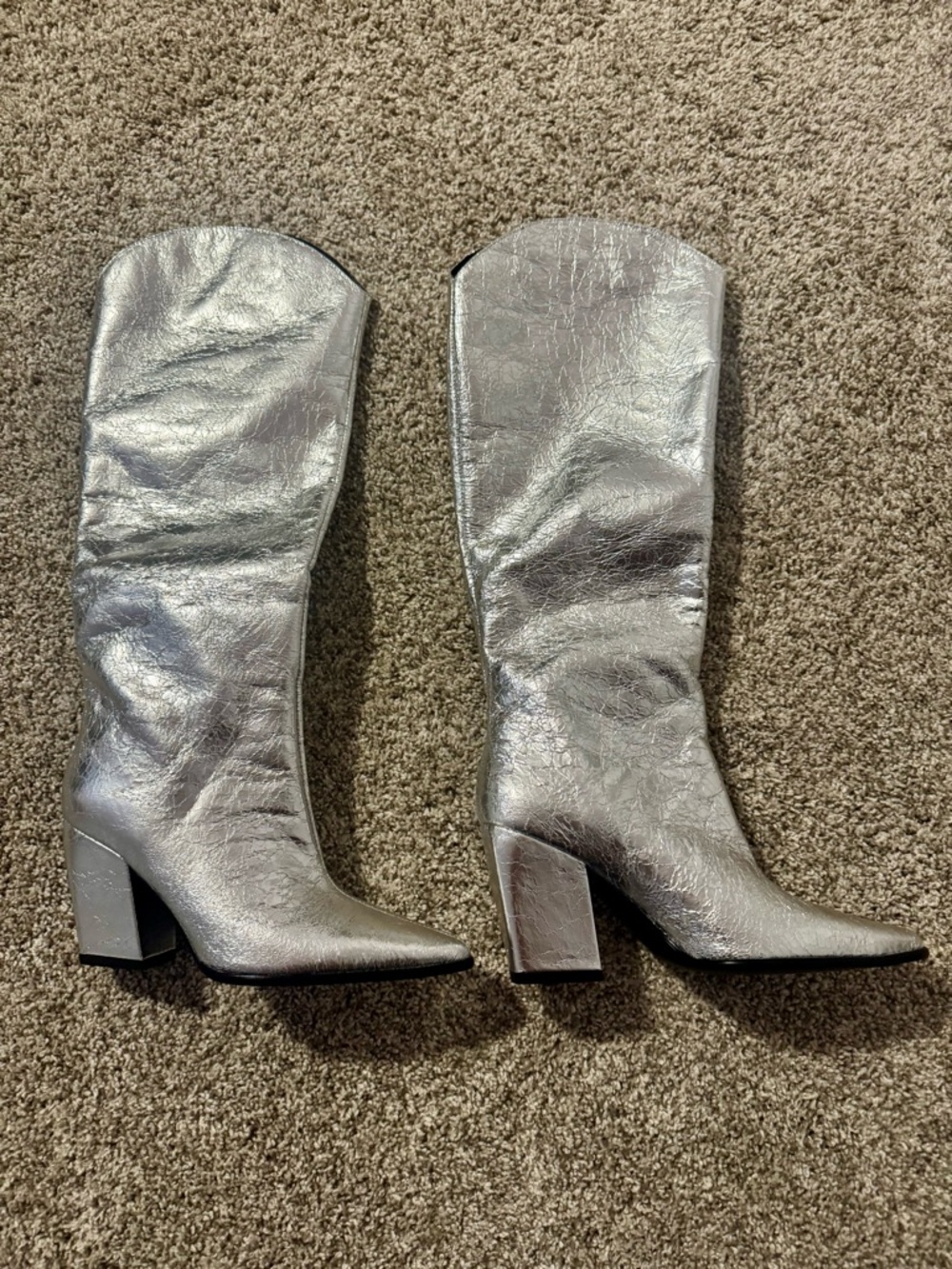 Silver Women's Mid-Calf Pointed Toe Block Heel Boots—Steve Madden 7.5